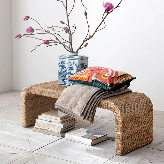 Woven Water Hyacinth & Acacia Wood Bench w/ Waterfall Edge