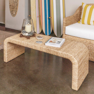 Woven Water Hyacinth & Acacia Wood Bench w/ Waterfall Edge
