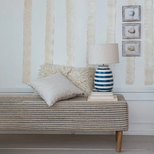 Woven Jute & Cotton Dhurrie Upholstered Striped Bench w/ Oak Wood Legs