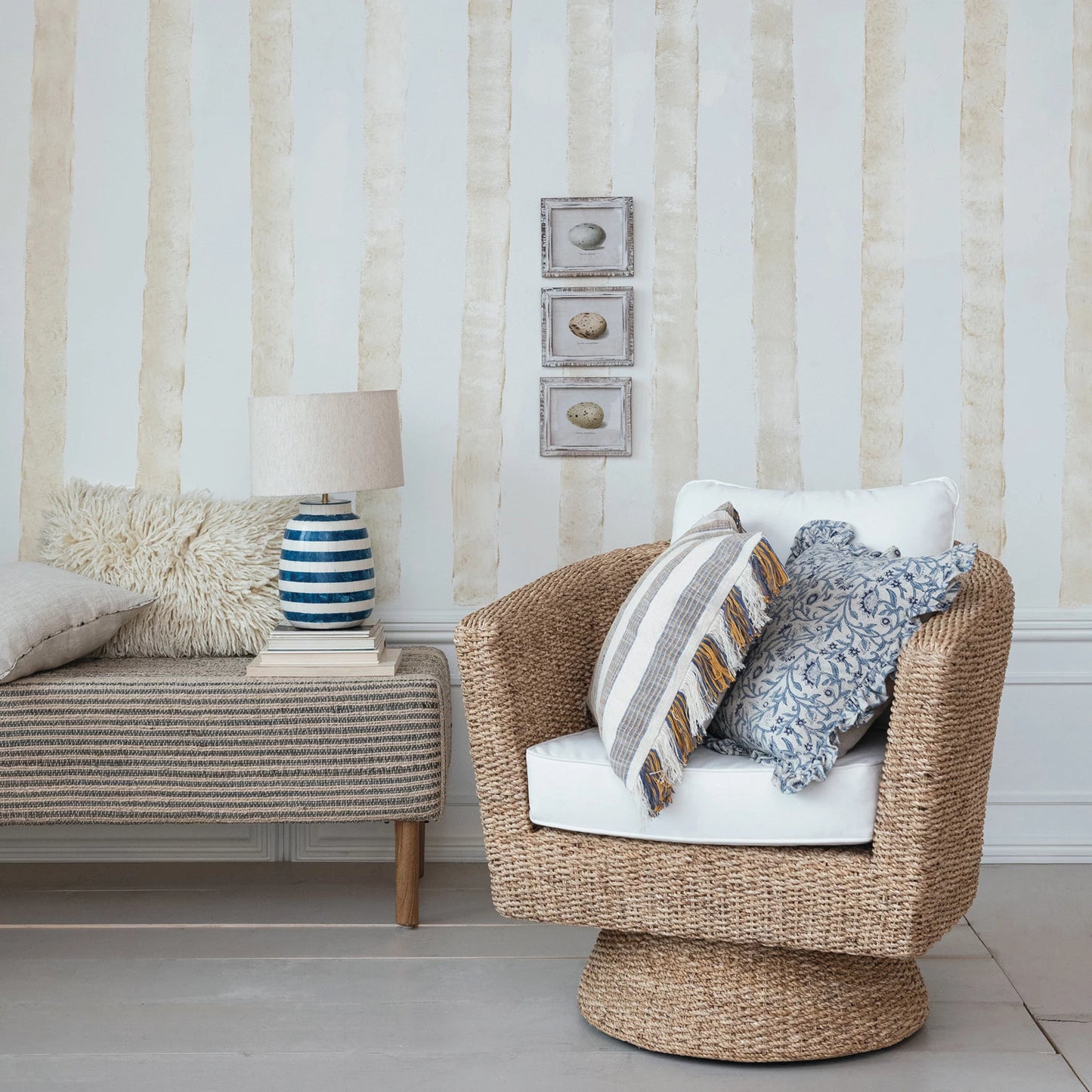 Woven Jute & Cotton Dhurrie Upholstered Striped Bench w/ Oak Wood Legs