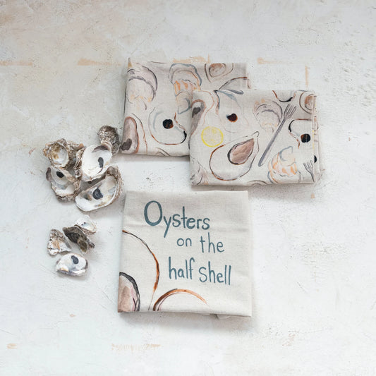 Cotton & Linen Printed Tea Towel w/ Oysters Pattern/Saying I