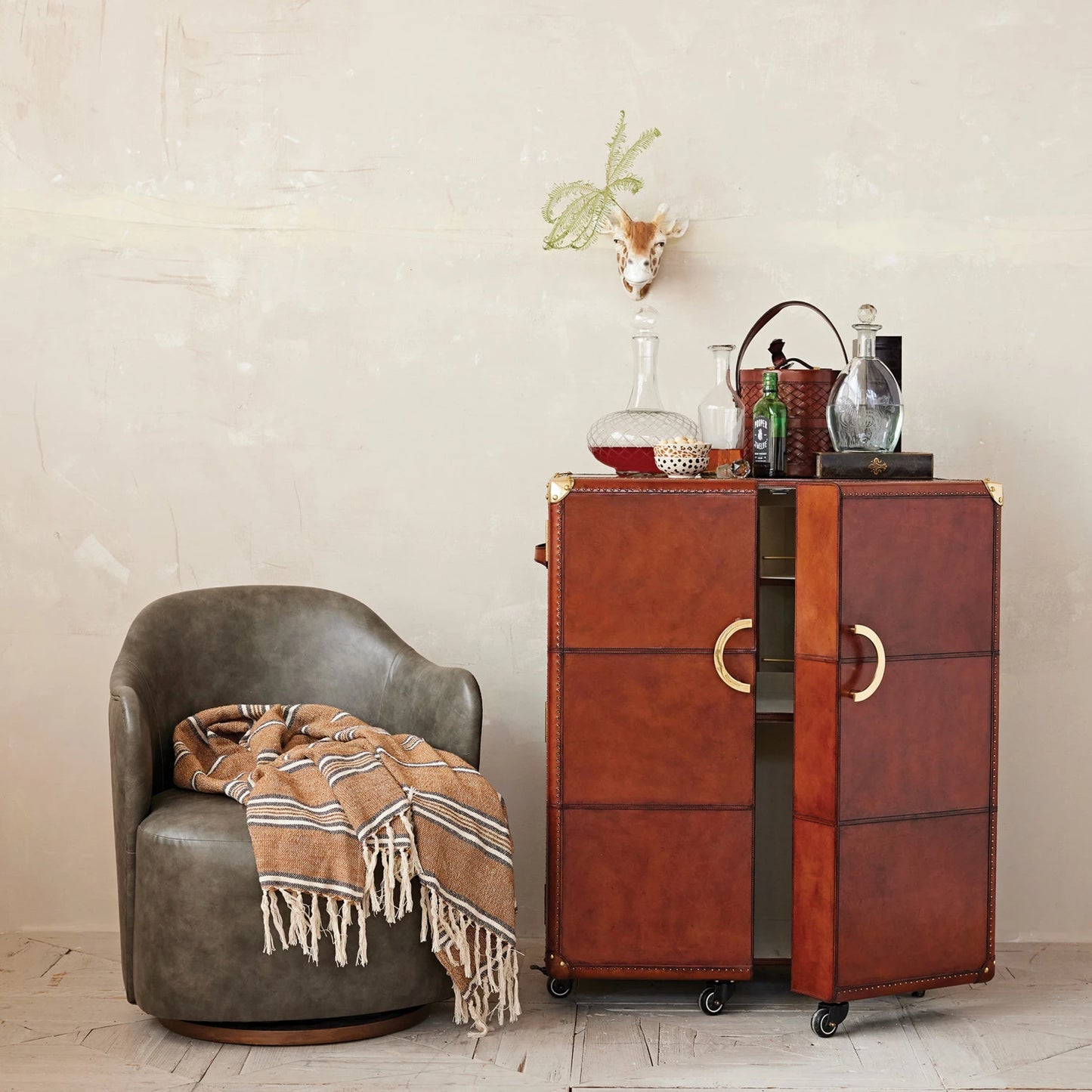 Bar Cabinet with Flocked Interior, Mirror & Brass Hardware
