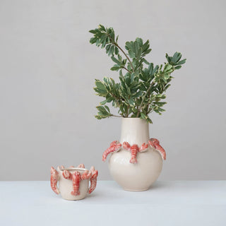 Stoneware Vase w/ 3D Lobsters, Reactive Glaze

