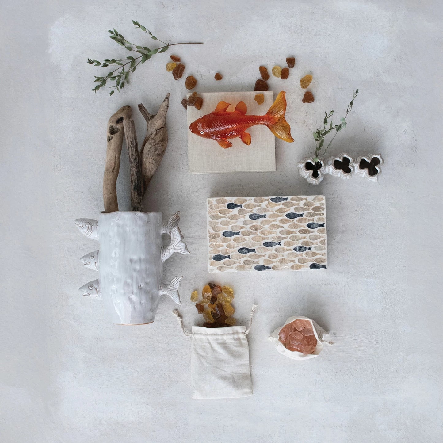 MDF & Capiz Boxes w/ Inlaid Fish, Natural & Charcoal Color - Large