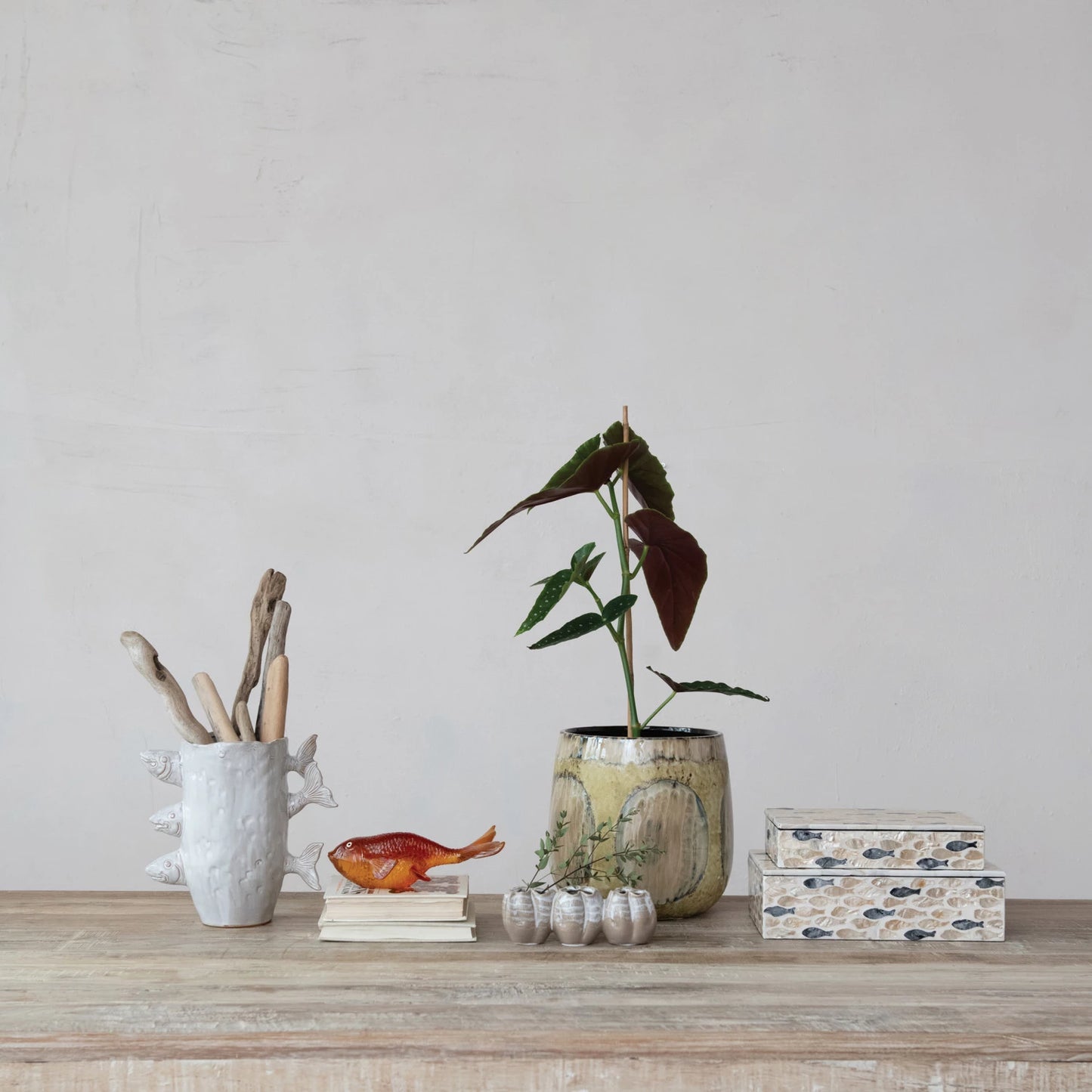 MDF & Capiz Boxes w/ Inlaid Fish, Natural & Charcoal Color - Large