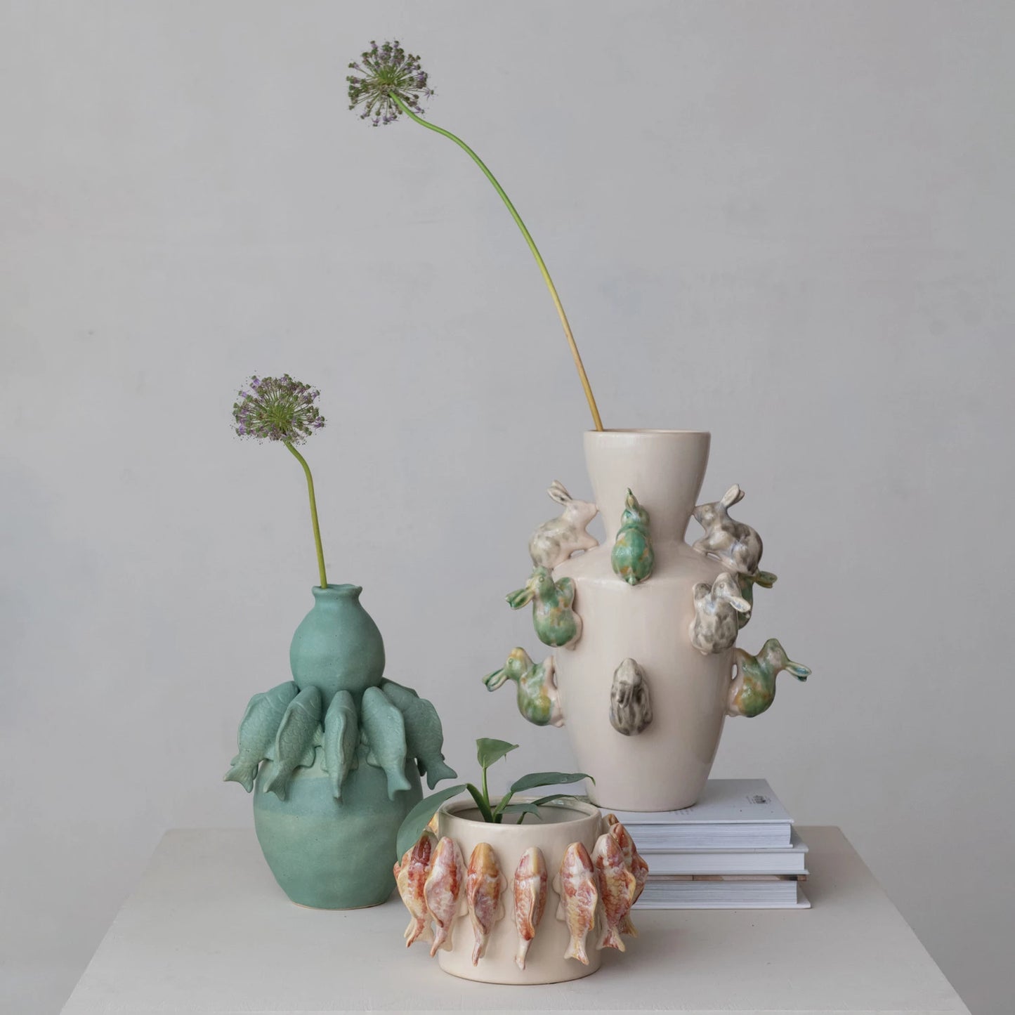 Stoneware Planter w/ 3D Fish, Reactive Glaze (Holds 4" Pot)