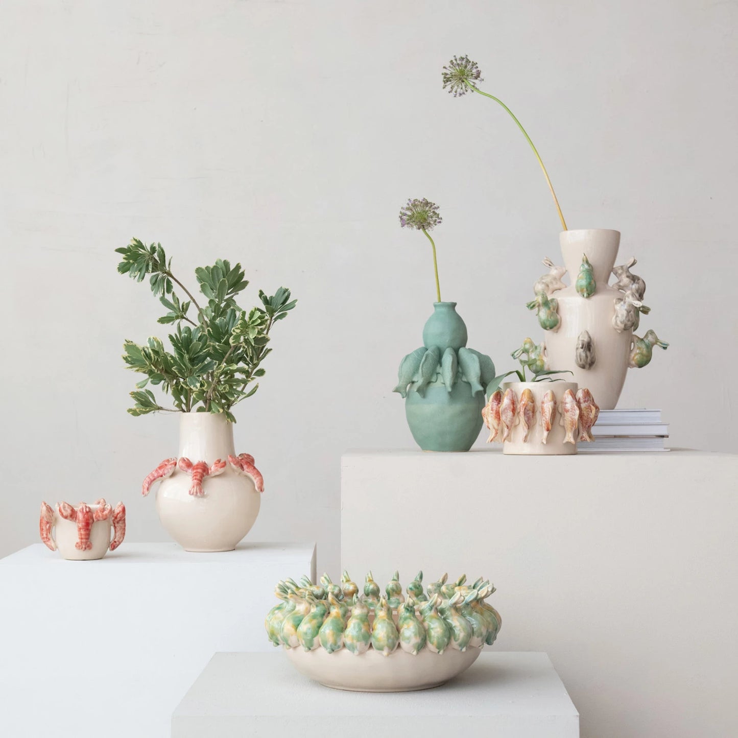 Stoneware Planter w/ 3D Fish, Reactive Glaze (Holds 4" Pot)