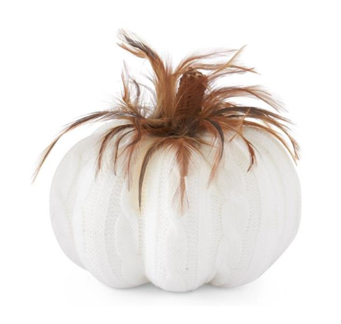 White Cable Knit Pumpkin w/Wood Stem & Feathers - Small
