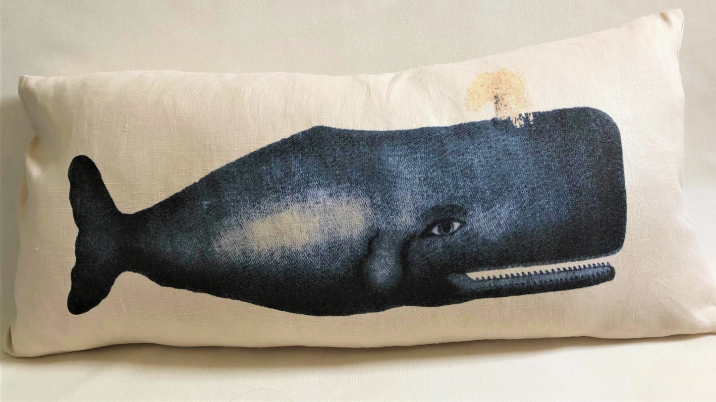 Nautical Sperm Whale Pillow/Warm White Linen/Lumbar/13" x 19"