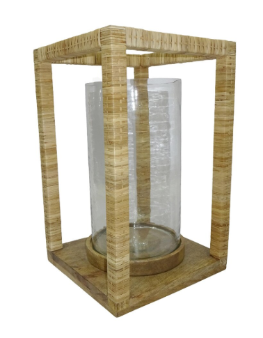 Rattan Wrapped Mangowood Lantern, 18"H, Natural