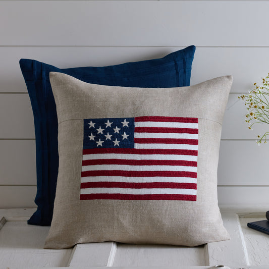 Flag Pillow, Natural - Embroidered - Linen - Porch 21"x21"