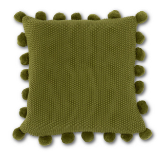 20 INCH SAGE GREEN MOSS STITCH KNIT PILLOW W/POMPOM TRIM
