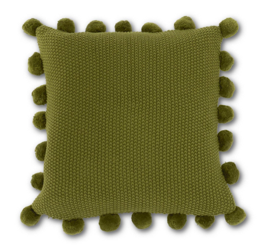 20 INCH SAGE GREEN MOSS STITCH KNIT PILLOW W/POMPOM TRIM