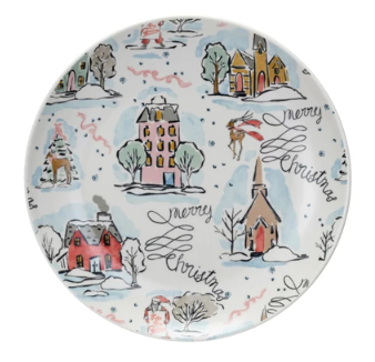 Stoneware Plate w/ Holiday Pattern IV