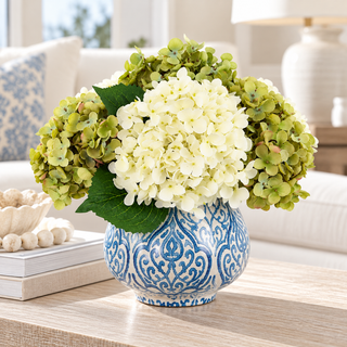 Green & White Hydrangea in Blue/White Pot
