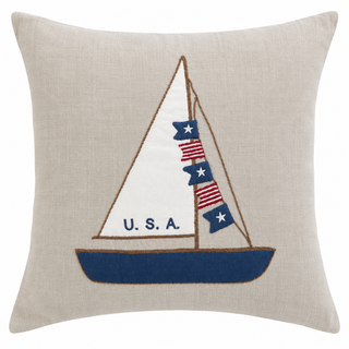 Sailboat Americana on Natural Linen Porch Pillow 21" x 21"
