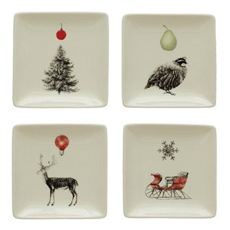 5" Square Stoneware Plate w/ Holiday Image, 4 Styles ***