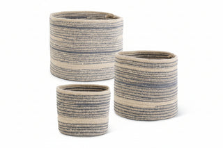 Set of 3   Round Blue Tan Baskets
