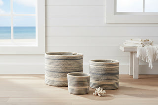 Set of 3   Round Blue Tan Baskets
