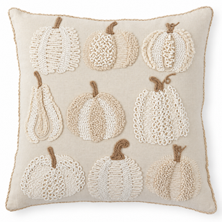 20 Inch Cream Pumpkins & Gourds Embroidered Square Pillow
