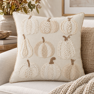 20 Inch Cream Pumpkins & Gourds Embroidered Square Pillow
