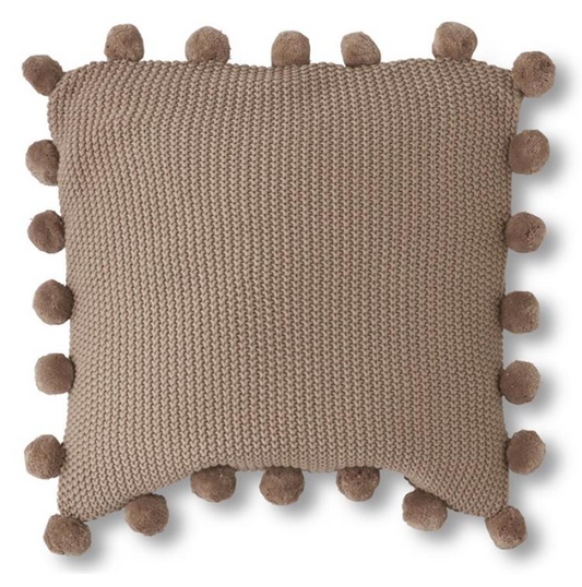 20 Inch Brown Moss Stitch Knit Pillow w/Pompom Trim