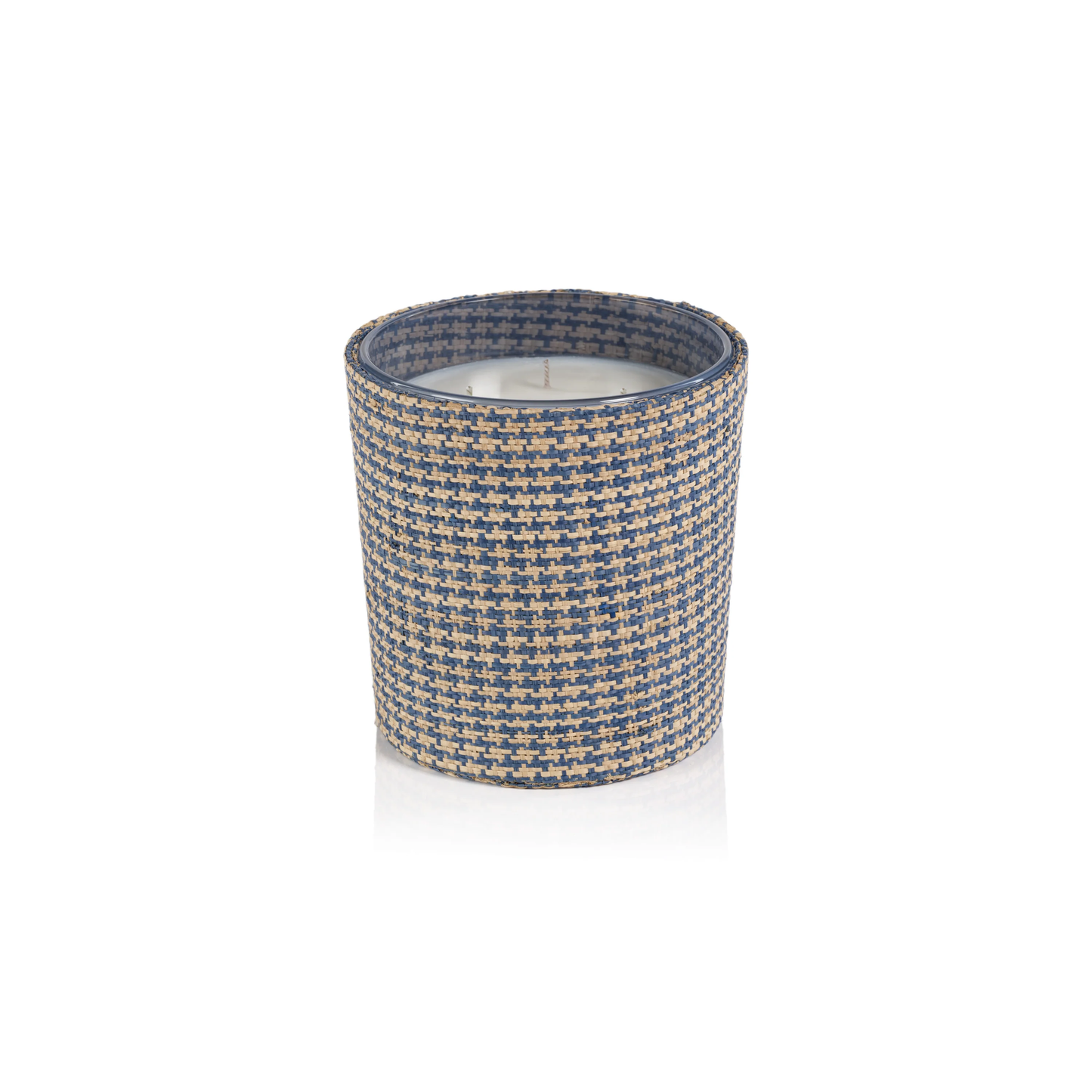 Candle in Natural Raffia Basket - 3 Wick 19 oz - Blue & Natural Houndstooth