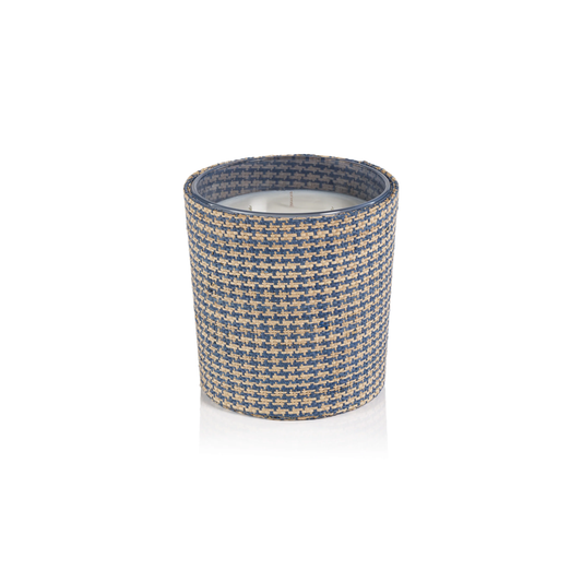 Candle in Natural Raffia Basket - 3 Wick 19 oz - Blue & Natural Houndstooth