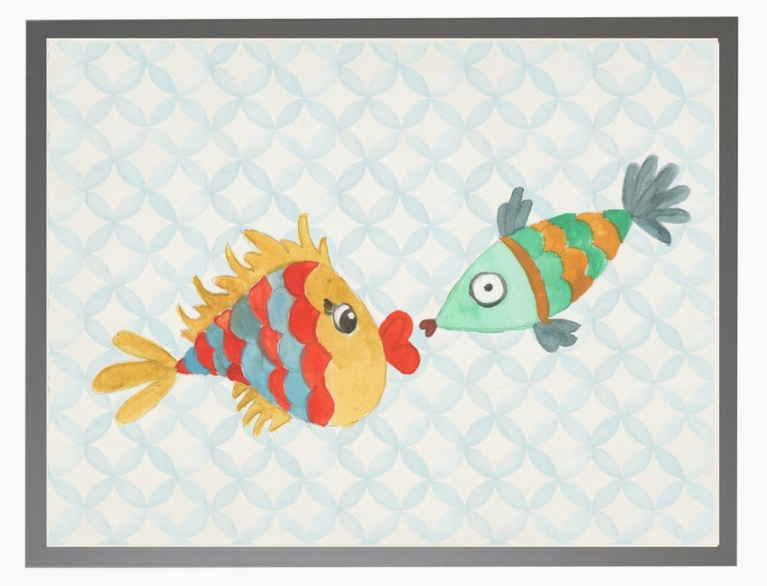 Watercolor Kissing Fish with Geometric Background C - Online Only