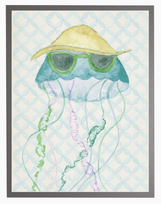 Watercolor Jellyfish with Geometric Background C - Online Only