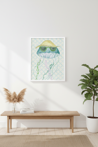 Watercolor Jellyfish with Geometric Background C
