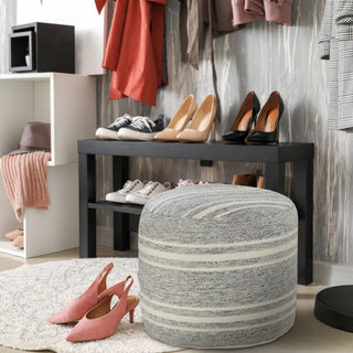 Farmhouse Triple Stripe Indoor Outdoor Pouf Gray/White
