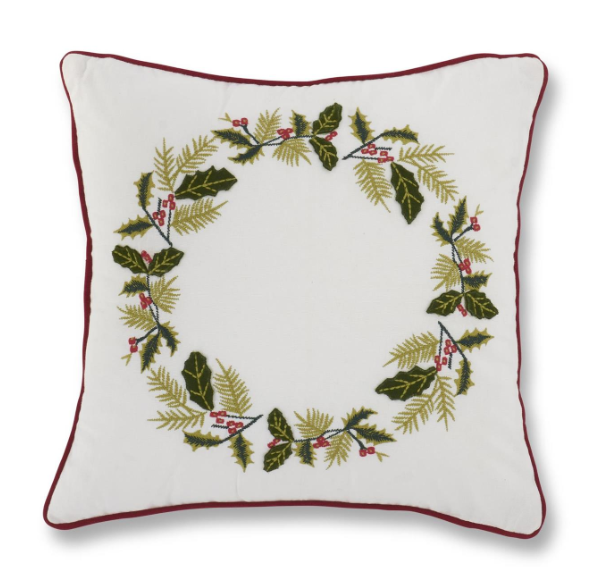 17 INCH SQUARE EMBROIDERED HOLLY WREATH WHITE COTTON PILLOW