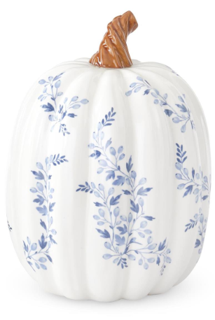 8.75 Inch White w/Blue Floral Ceramic Pumpkin