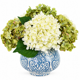Green & White Hydrangea in Blue/White Pot

