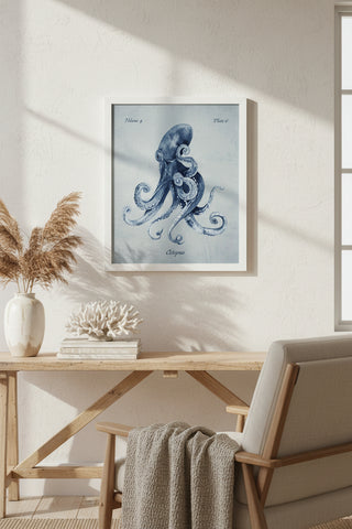 Navy Octopus on a Pale Blue Distressed Background
