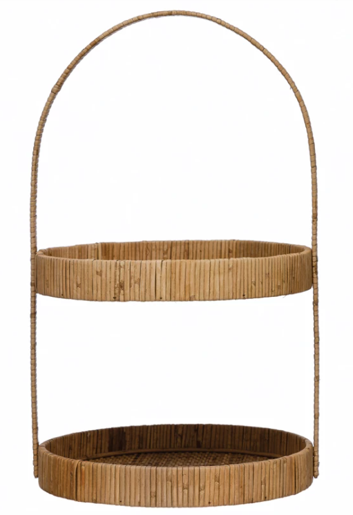 Decorative Hand-Woven Rattan 2-Tier Tray with Handle ***