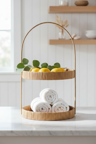 Decorative Hand Woven Rattan 2 Tier Tray with Handle
