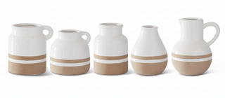 4.75 Inch White with Tan Stripes Ceramic Tear Drop Vase II
