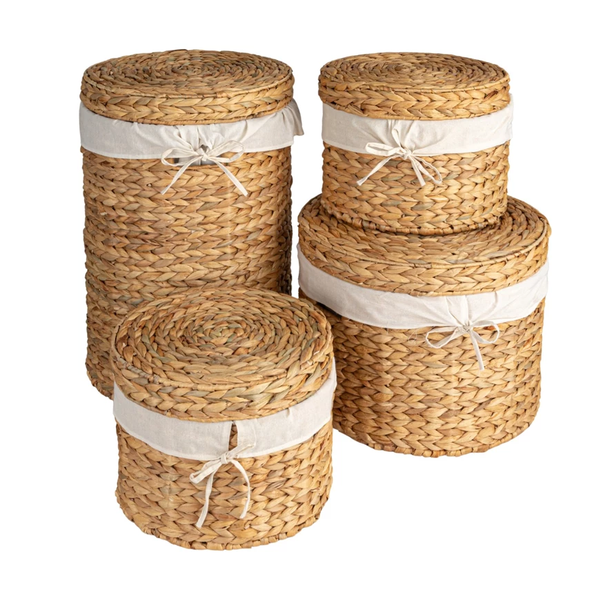 Water Hyacinth Baskets w/ Lids, Handles & Cotton Lining - Small