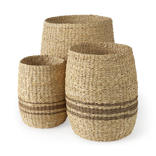 Sivannah Light Brown Medium Brown Striped Seagrass Round Basket
