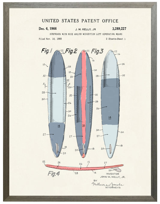 Framed Watercolor Surfboard Patent on a Light Background 18" x 24" (84006 S)