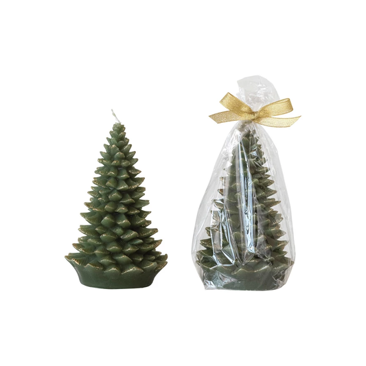 Unscented Tree Shaped Candle w/ Gold Tips, Evergreen Color - Large