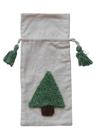 Woven Drawstring Wine Bag with Tufted Holiday Icon & Tassels III - Tree