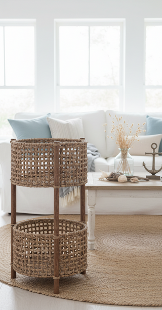 Hand Woven Bankuan and Rattan Braided 2 Tier Basket
