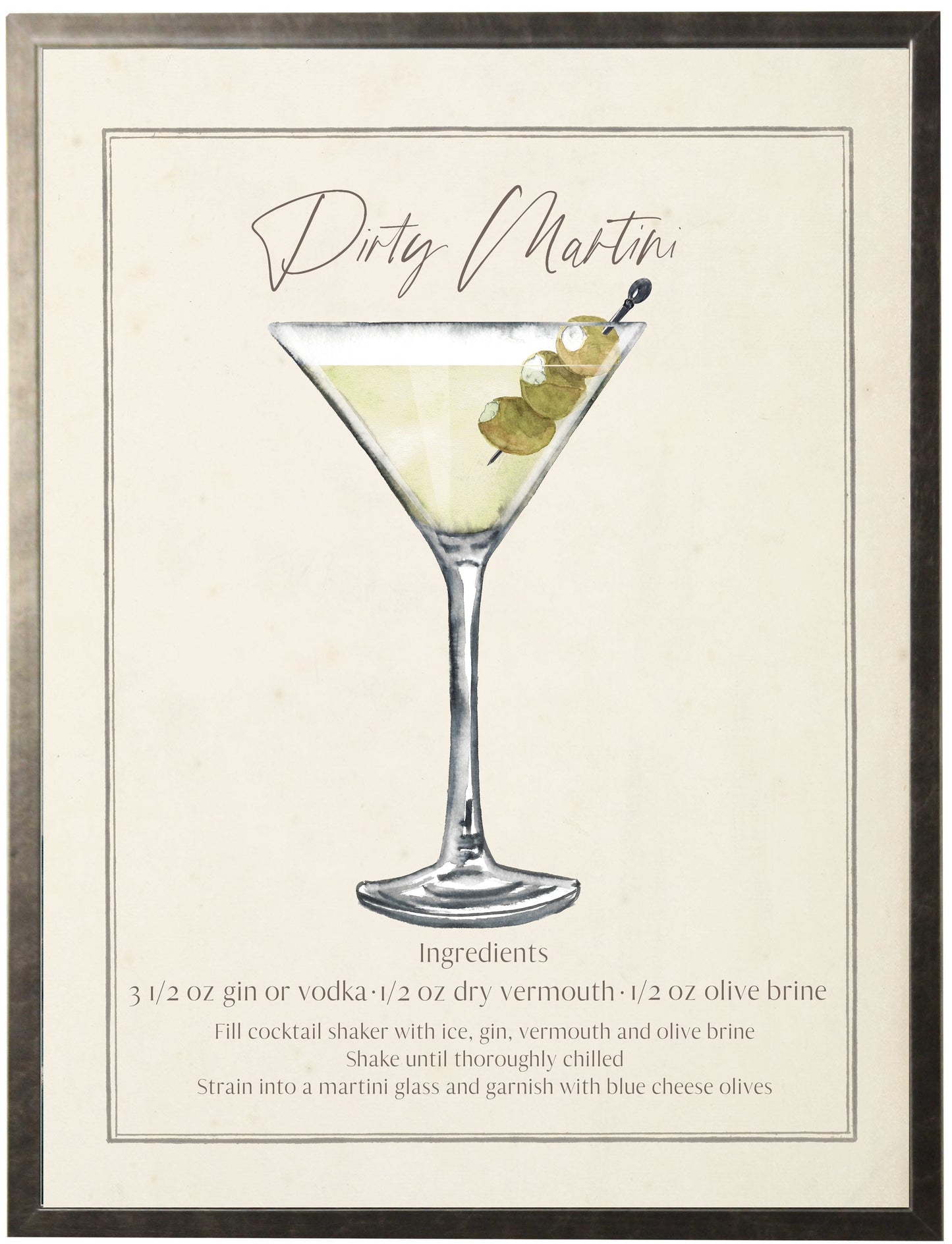 Watercolor Dirty Martini Cocktail and Recipe 12" x 16" (84005 B)