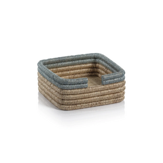 La Côte Coiled Rattan and Abaca Napkin Holder   Natural with Côte d'Azur Blue Rim
