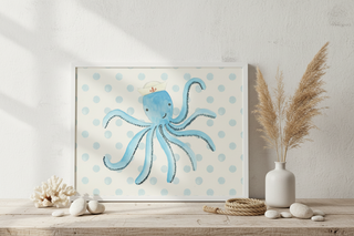 Watercolor Octopus with Sailor Hat with Geometric C
