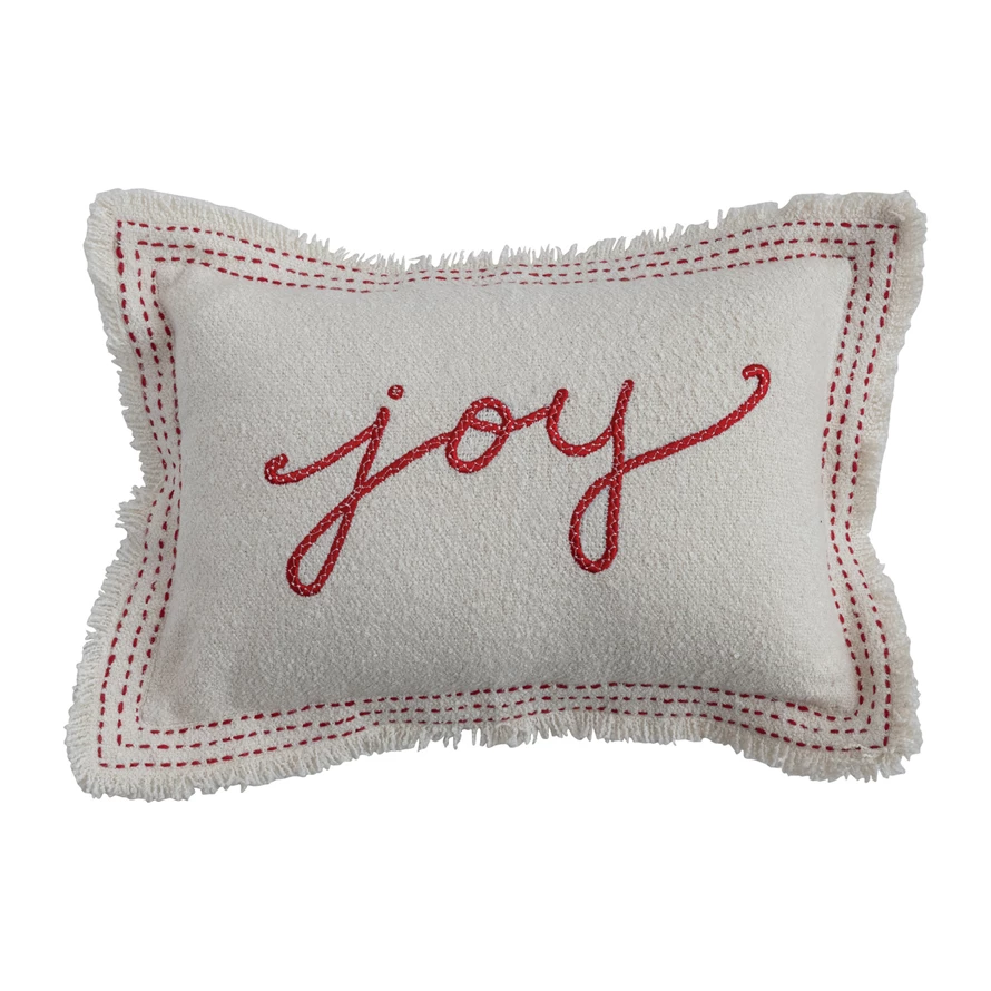 Woven Cotton Blend Textured Lumbar Pillow with Embroidery & Fringe "Joy"