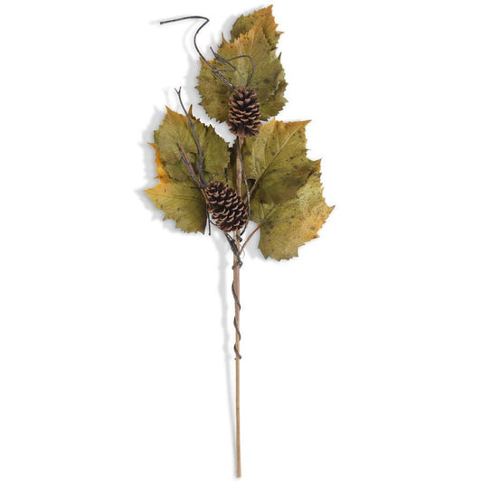 33 Inch Green & Orange Trim Grape Leaves Stem w/Twig & Pinecones